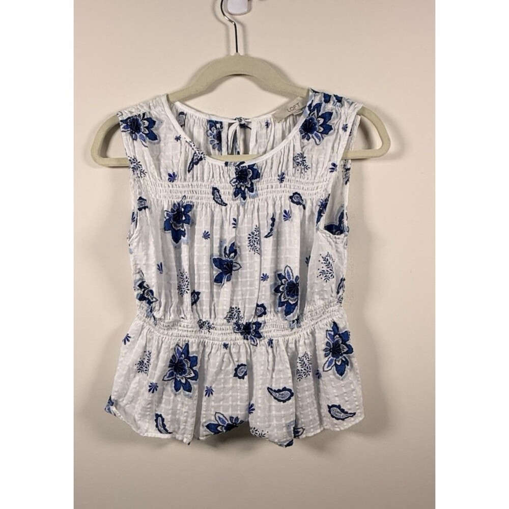 LOFT Womens White/Blue Floral Woven Round Neck Ruffle Peplum Blouse - M